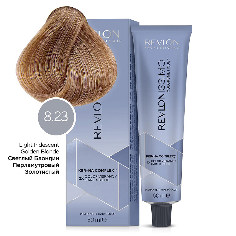 картинка 8.23 Перманентный краситель Revlonissimo Colorsmetique Светлый блондин переливающийся золотистый, 60 мл